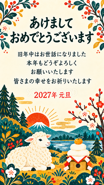 鏡餅と新年を祝う羊
