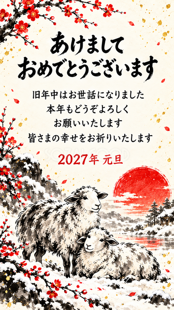 雪の庭で寄り添う羊