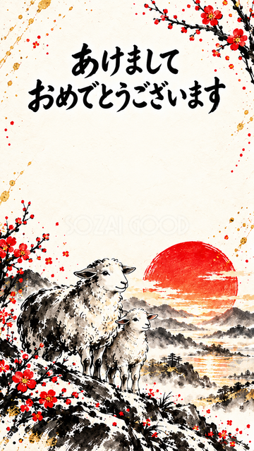 初日の出を迎える羊親子