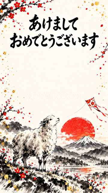 富士山と凧を見上げる羊