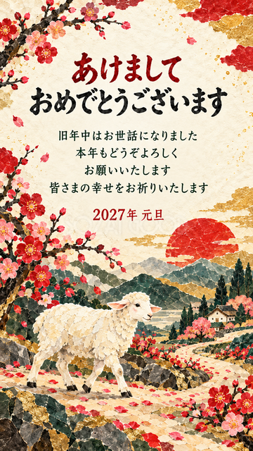 梅の小道を歩く羊