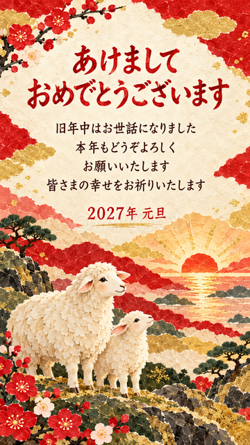 初日の出を迎える羊親子