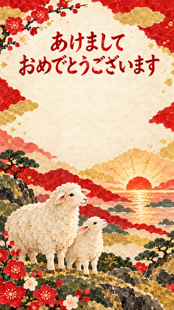 初日の出を迎える羊親子