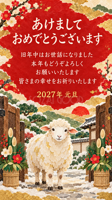 松飾りの門で迎える羊