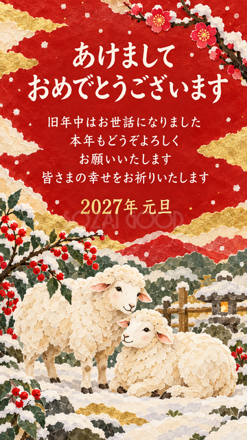 雪の庭で寄り添う羊
