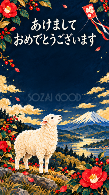 富士山と凧を見上げる羊