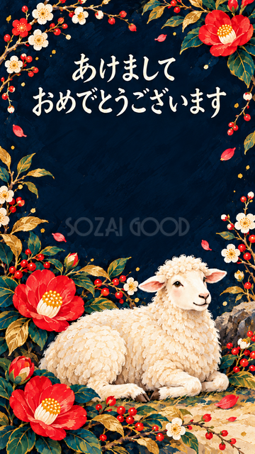 花の輪でくつろぐ羊