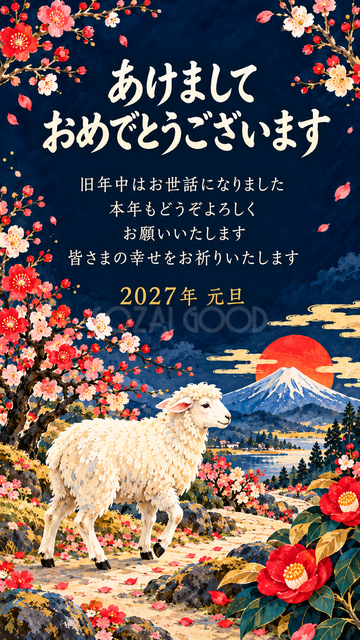 梅の小道を歩く羊