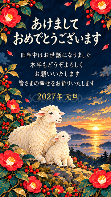 初日の出を迎える羊親子