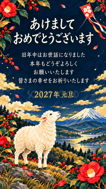 富士山と凧を見上げる羊