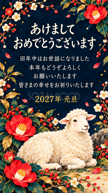 花の輪でくつろぐ羊