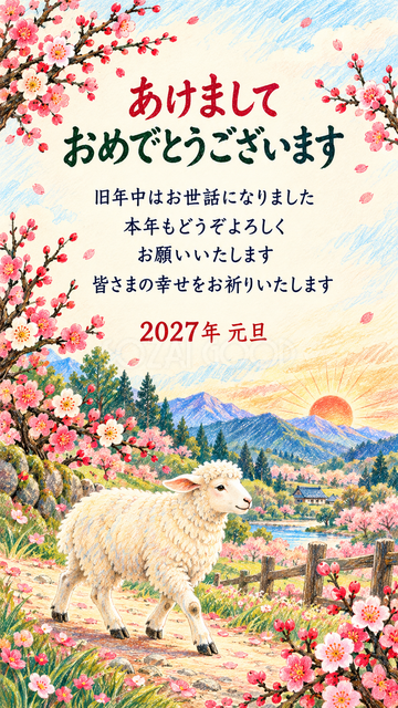 梅の小道を歩く羊