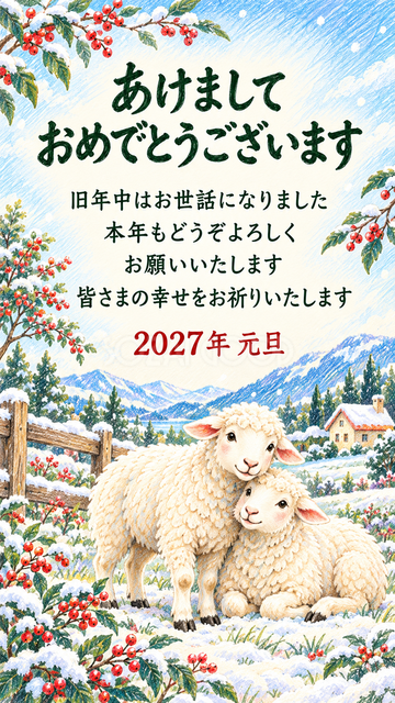 雪の庭で寄り添う羊