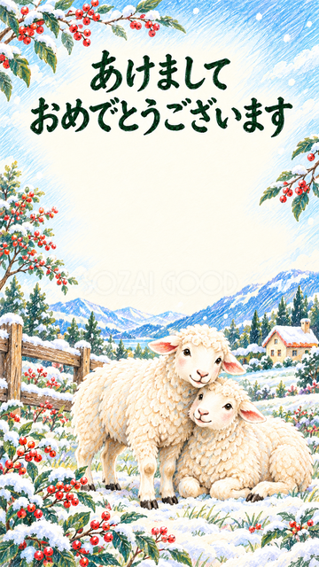 雪の庭で寄り添う羊