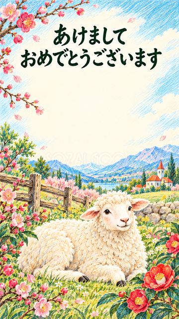花の輪でくつろぐ羊