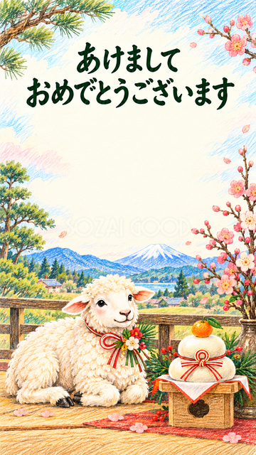 鏡餅と新年を祝う羊