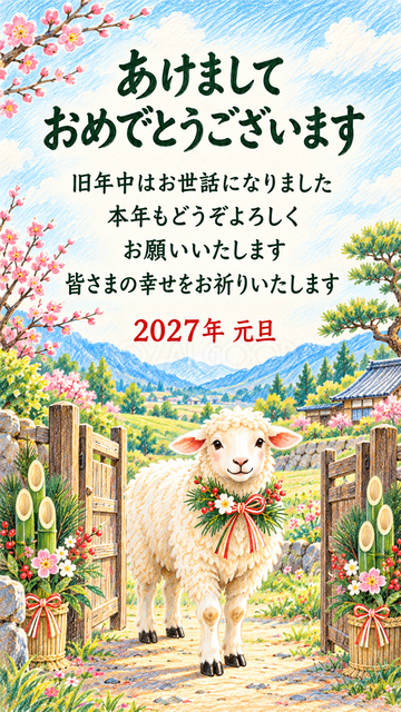 松飾りの門で迎える羊