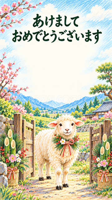 松飾りの門で迎える羊