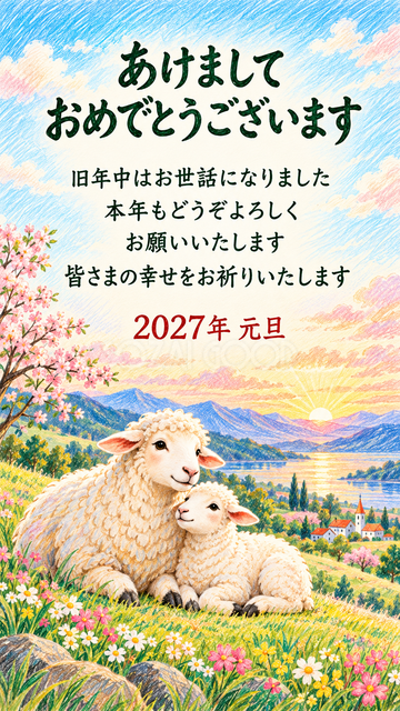初日の出を迎える羊親子
