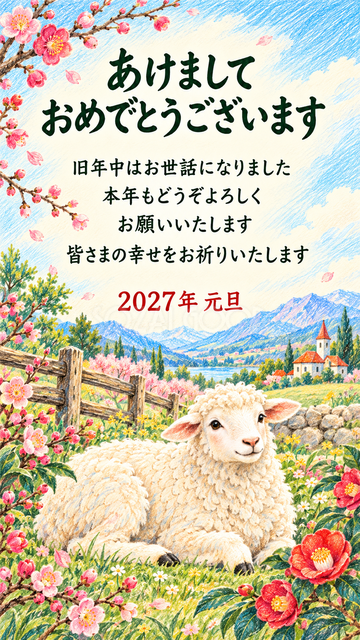 花の輪でくつろぐ羊