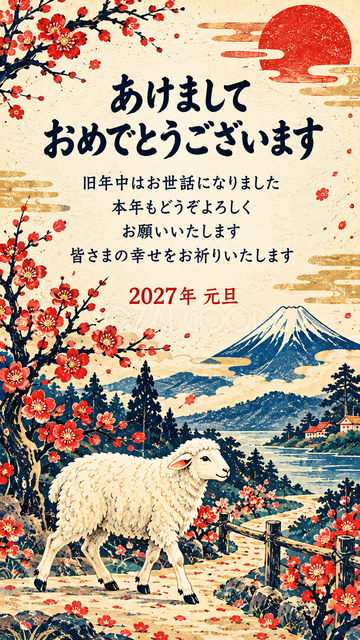 梅の小道を歩く羊