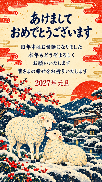 雪の庭で寄り添う羊
