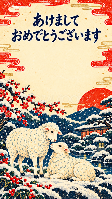 雪の庭で寄り添う羊