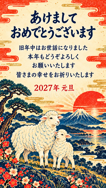 初日の出を迎える羊親子