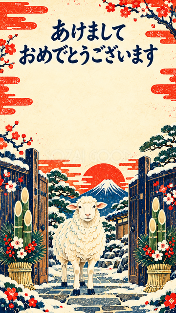 松飾りの門で迎える羊