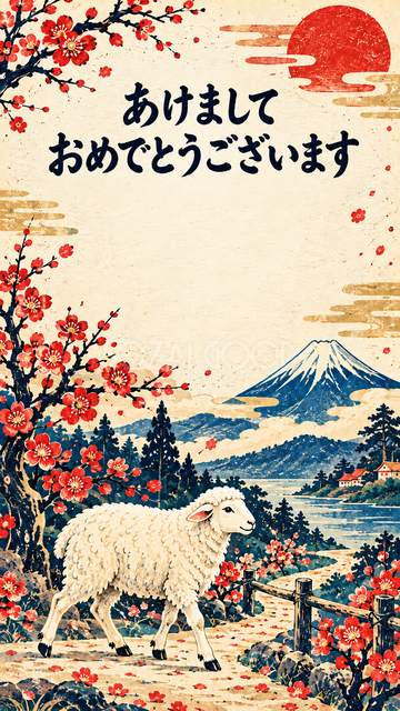 梅の小道を歩く羊