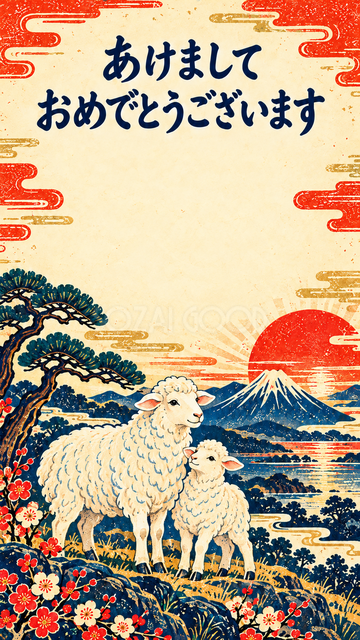 初日の出を迎える羊親子