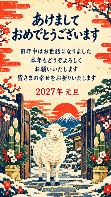松飾りの門で迎える羊