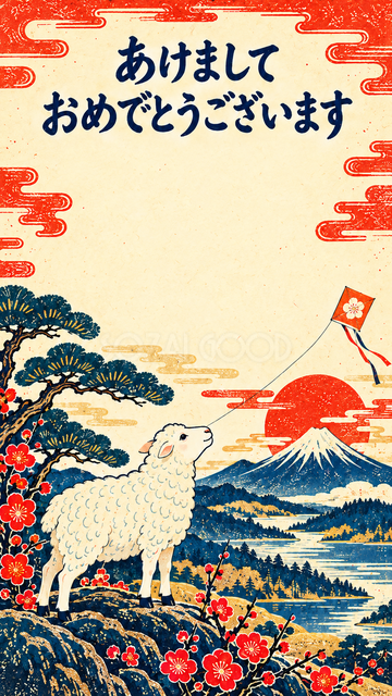 富士山と凧を見上げる羊