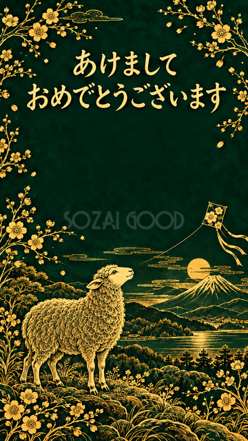 富士山と凧を見上げる羊