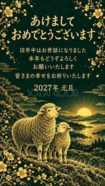 初日の出を迎える羊親子
