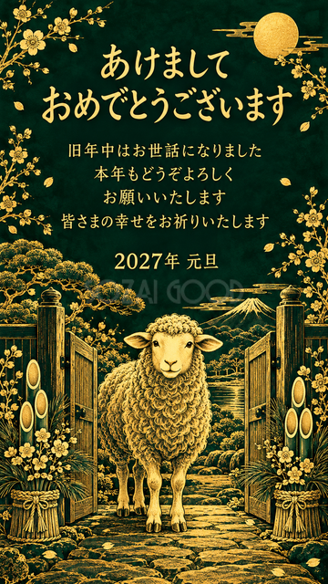 松飾りの門で迎える羊