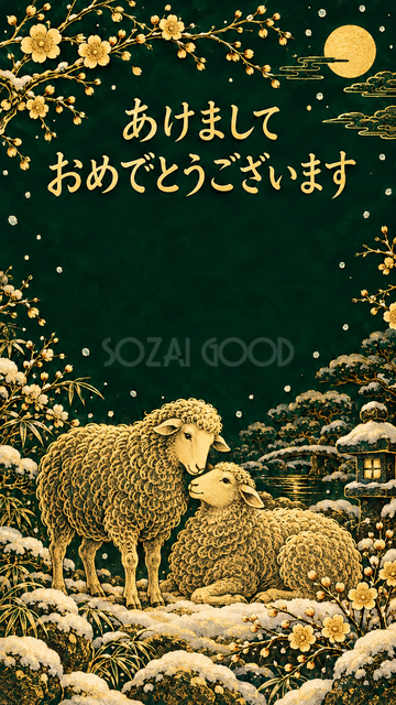 雪の庭で寄り添う羊