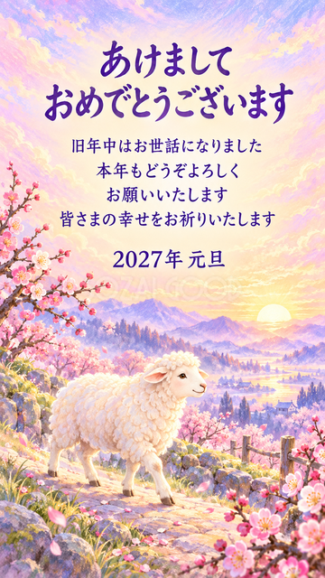 梅の小道を歩く羊