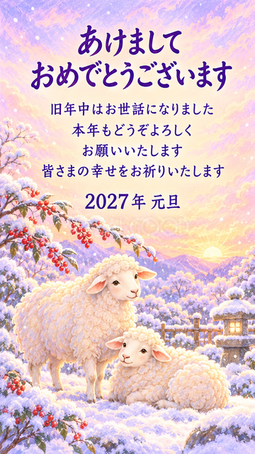 雪の庭で寄り添う羊