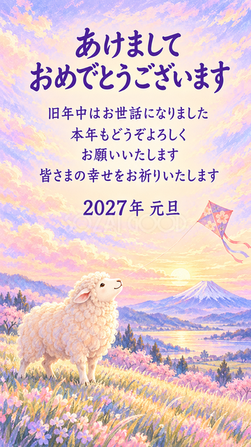 富士山と凧を見上げる羊