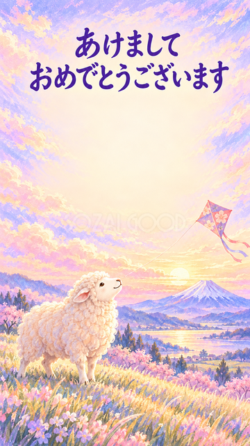 富士山と凧を見上げる羊