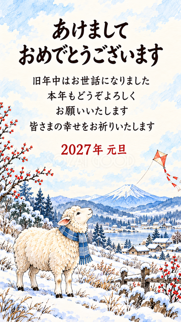 富士山と凧を見上げる羊