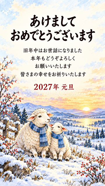 初日の出を迎える羊親子