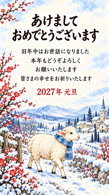 梅の小道を歩く羊