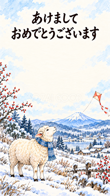 富士山と凧を見上げる羊