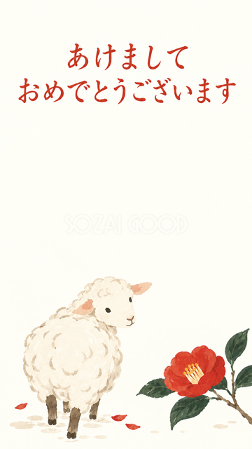 一輪の椿と振り向く羊