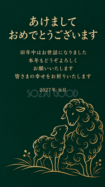 深緑と金の羊親子
