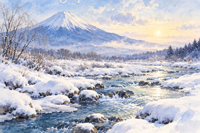 雪の渓流と富士山