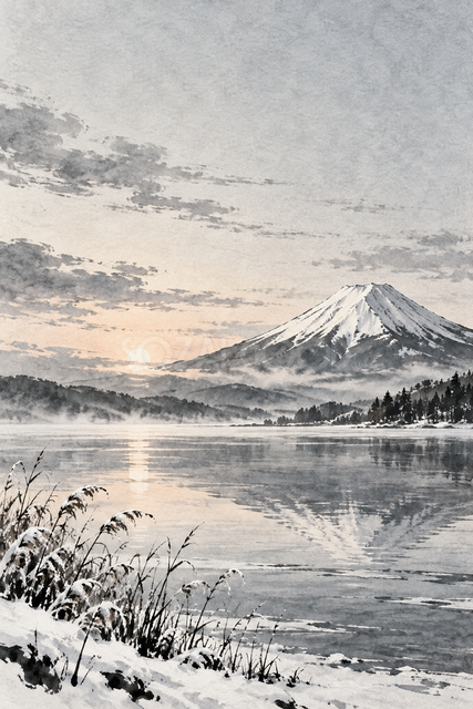 冬の湖と朝焼けの富士山