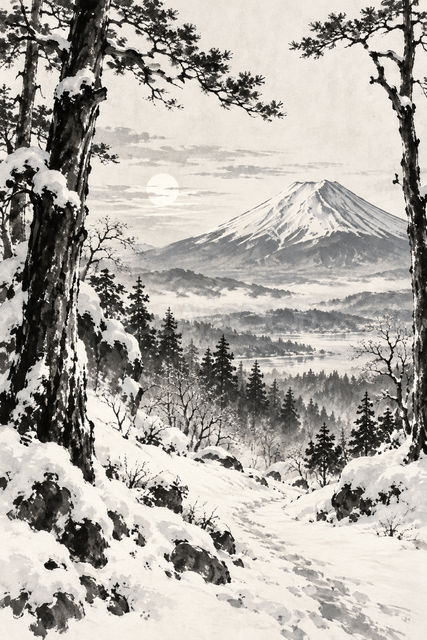 雪の松林から見る富士山
